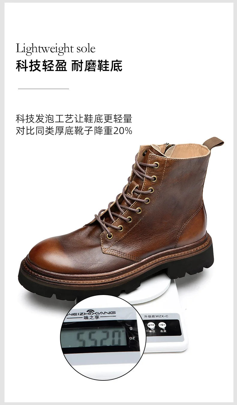 Motorcycle Boots Men Genuine Leather Retro Motorbike Ankle Boots Thick Soled Wear Resistant High Top Cowhide Shoes EU 38-44