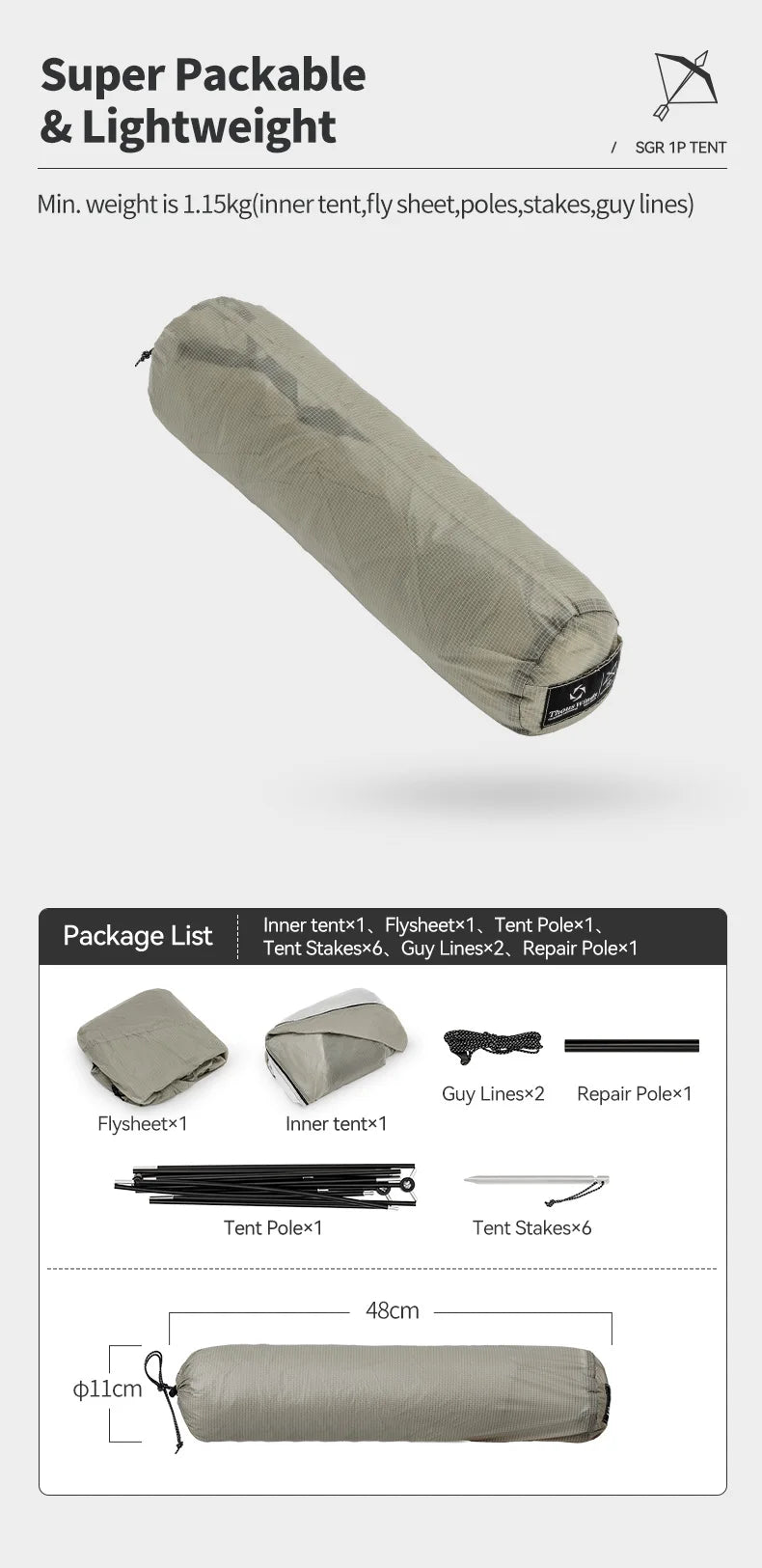 Thous Winds SGR 1-Person Backpacking Tent, 3-Season Ultralight Hiking Tent, 15D Nylon Ripstop Both Side Silicon Camping Tent