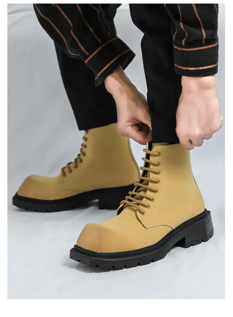 Large Men's Autumn High Top Casual British Motorcycle Shoes, Retro Trendy Brand Height Increasing Big Head Leather Boots