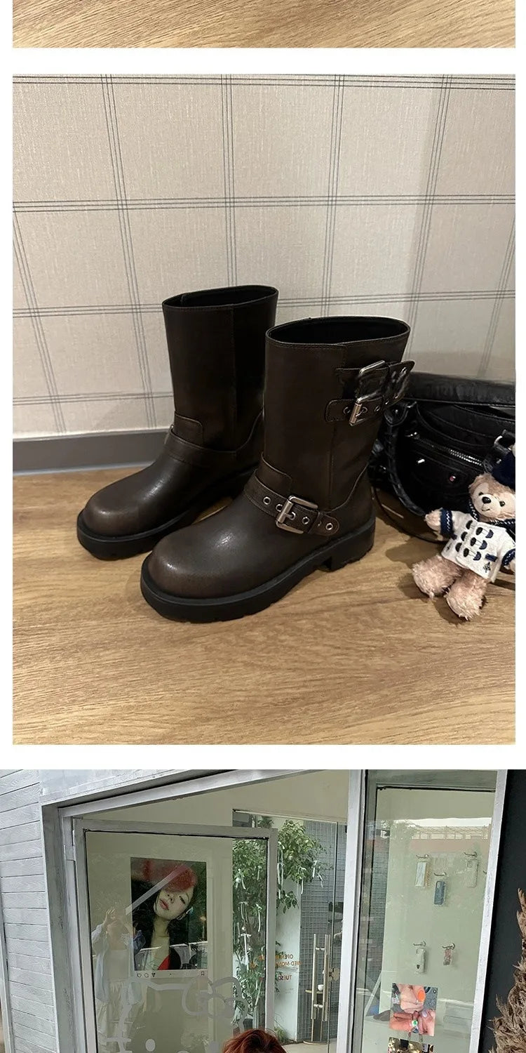 Spring and Autumn Women Boots Retro Platform Boots 2024 Round Toe Solid Color Low Heel Short Buckle Casual Women's Fashion Boots