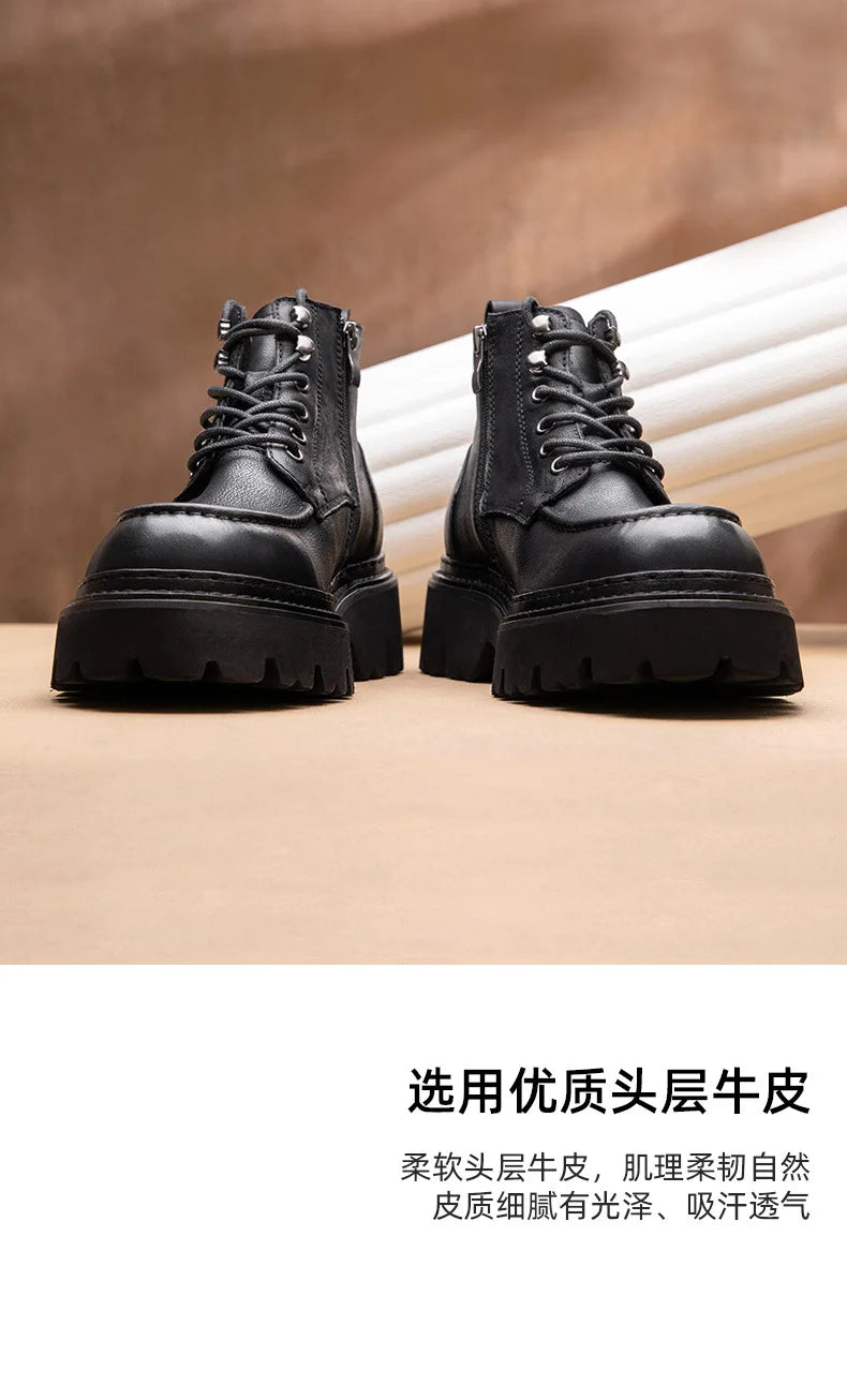Men's Motorcycle Boots Genuine Leather High Top Motorbike Ankle Boots Thick Soled Vintage Round Toe Casual Punk Dress Shoes