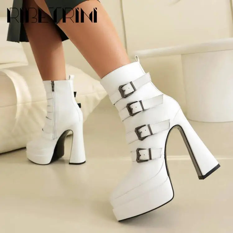Platform Women Boots Pounted Toe High Heeled Double Platform Shoes Ankle Buckle Punk Goth Cool Fashion Brand Winter Boots Woman