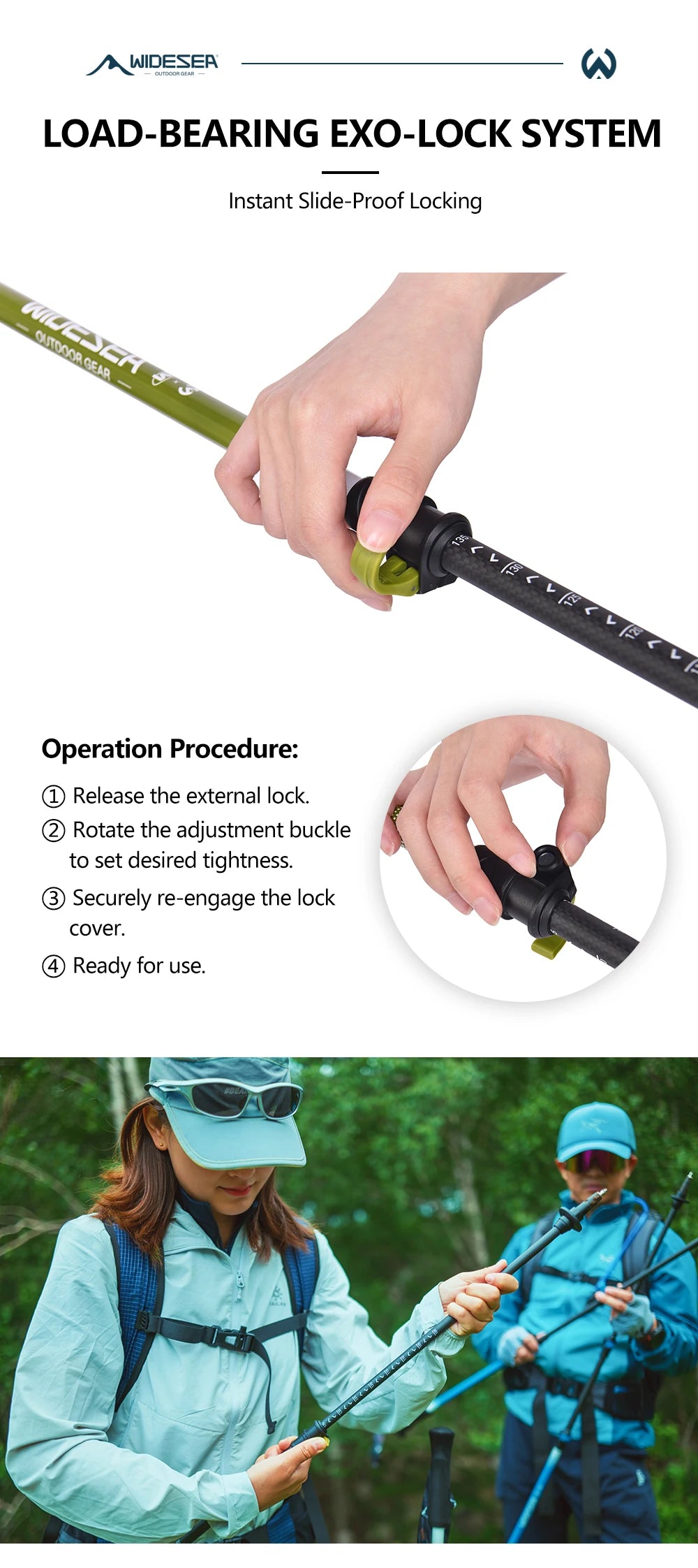 Widesea Trekking Poles 3section Telescopic Pole Carbon Installed Lock For Anti-slip Adjustment Portable Outdoor Walking Sticks