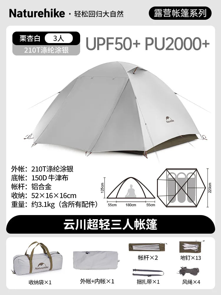 Naturehike-Camping Ultralight Tent, Outdoor Portable, Rainproof and Sun Protection, 2-3 People, Hiking, CNK2300ZP024