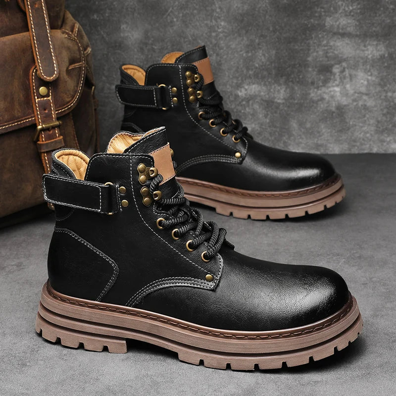 Top Quality Vintage Leather Men's Snow Boots Fashion Genuine Leather Man Ankle Boots Lace Up Outdoor Motorcycle Boots Walk Shoes