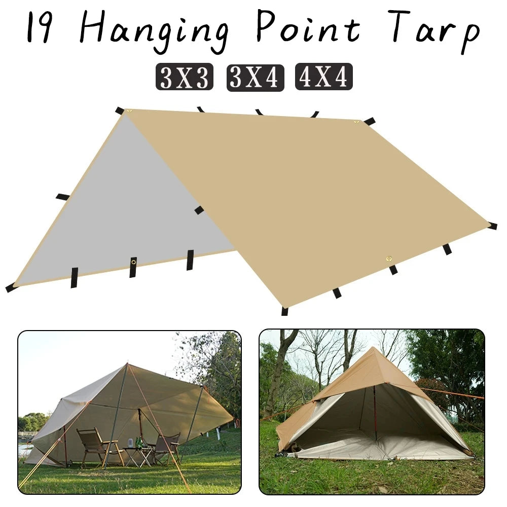 19 Hang Points Tent Tarp Survival Sun Shelter Shade Canopy Outdoor Backpacking Waterproof Camping Awning SunShade4 x4m 4x3m 3x3m