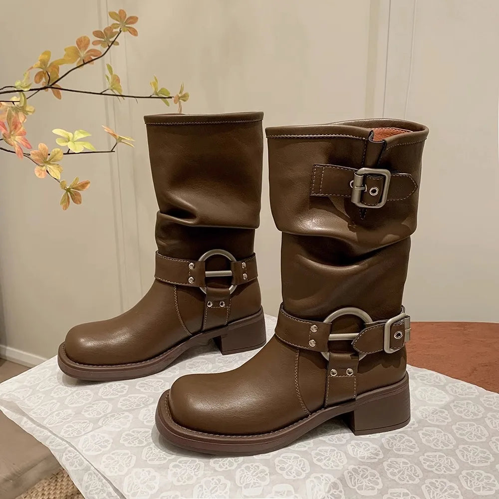 Fashion Buckle Motorcycle Boots Women Round Toe Med Heels Ankle Boots Woman 2024 Pu Leather Square Heel Autumn Platform Shoes