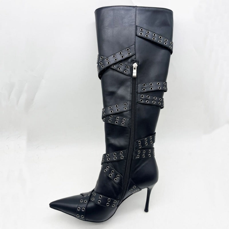 Brand Cross Strap Riveted Retro Silvery Knee High Boots New Spicy Girl Pointed High Heel Motorcycle Boots Fashion Women Shoes