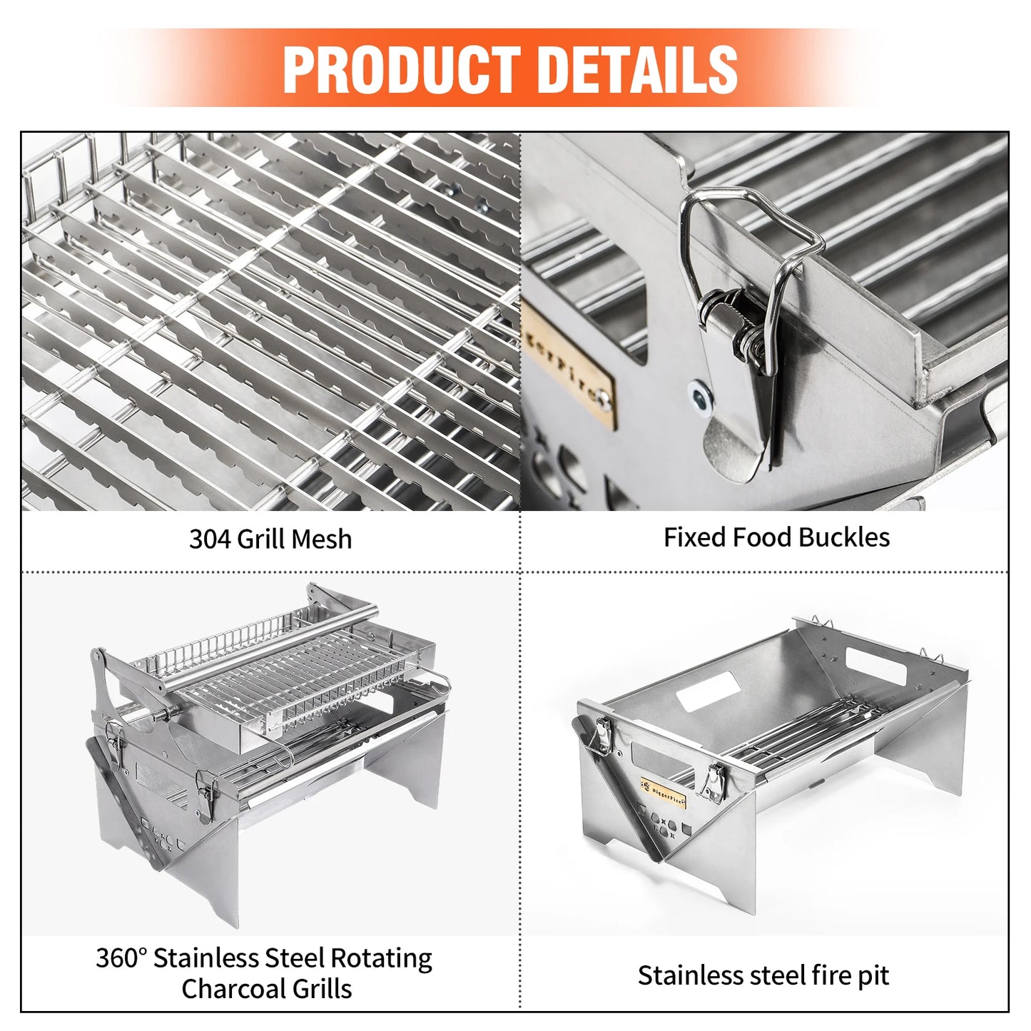 New Upgrad Stainless Steel Grill Portable 360°Rotating Charcoal Grill with Flipping Basket