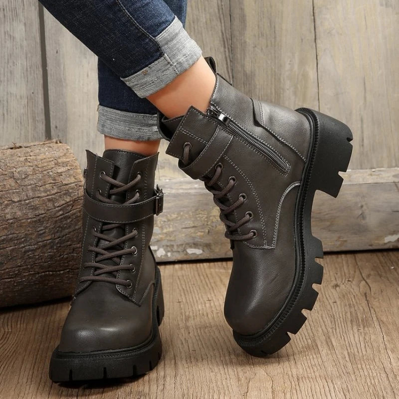 Platform Women Boots Fashion High Quality Women Ankle Boots Retro Round Toe  Motorcycle Boots Punk Style Women Shoes Botas Mujer