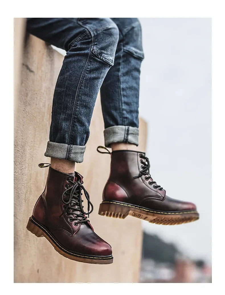 New Couple Boots Genuine Leather Motorcycle Shoes Breathable Waterproof Anti-Slip Warm Cotton Men's Women's Fashion Ankle Boots