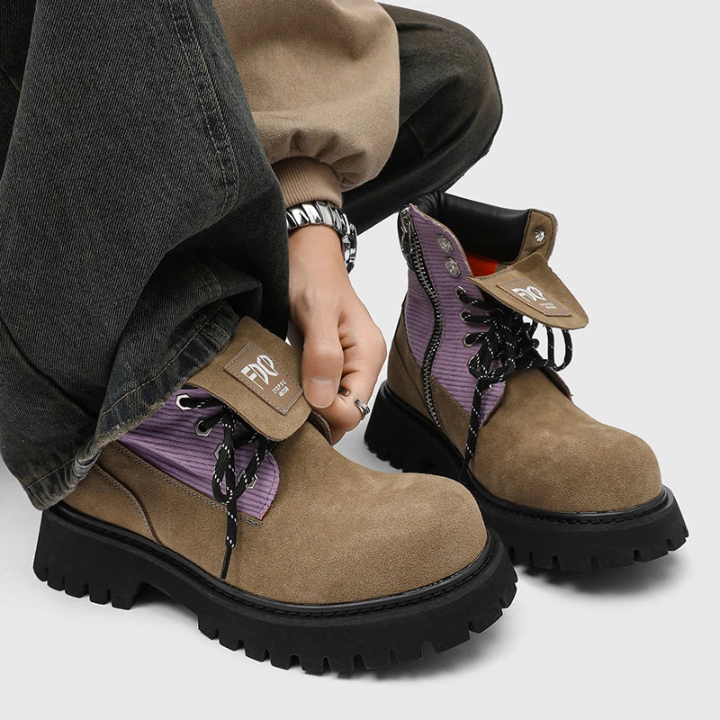 High quality Luxury Leather Boots Man Yellow High top Shoes Winter Men's Ankle Boots Street Motorcycle Shoes botas para hombre