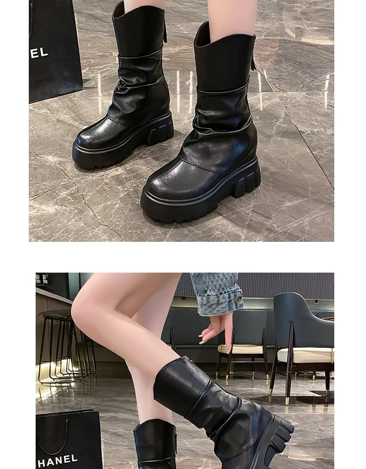 9CM Women Mid Calf Boots Autumn Winte Soft Leather Motorcycle Boots High Platform Square Heels Ladies Chunky Shoes Botas Mujer