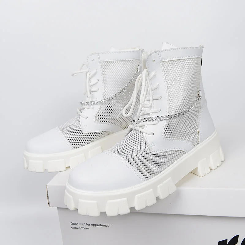 2024 New Summer Men's Boots Thick Bottom Mesh Surface Breathable Hollow Out Chain Short Boot Male Autumn Fashion Casual Shoes