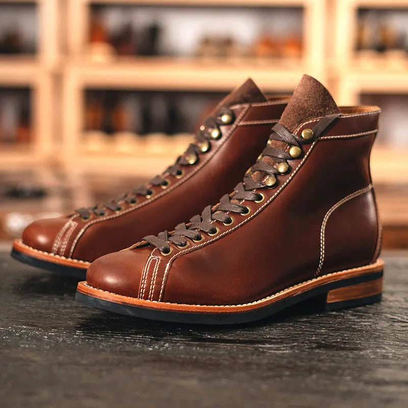 Cowhide High Top Motorcycle Boots Vintage Men Moto Ankle Boots Motocross Thick Soled Riding Boots Walking Shoes Moto Equipment