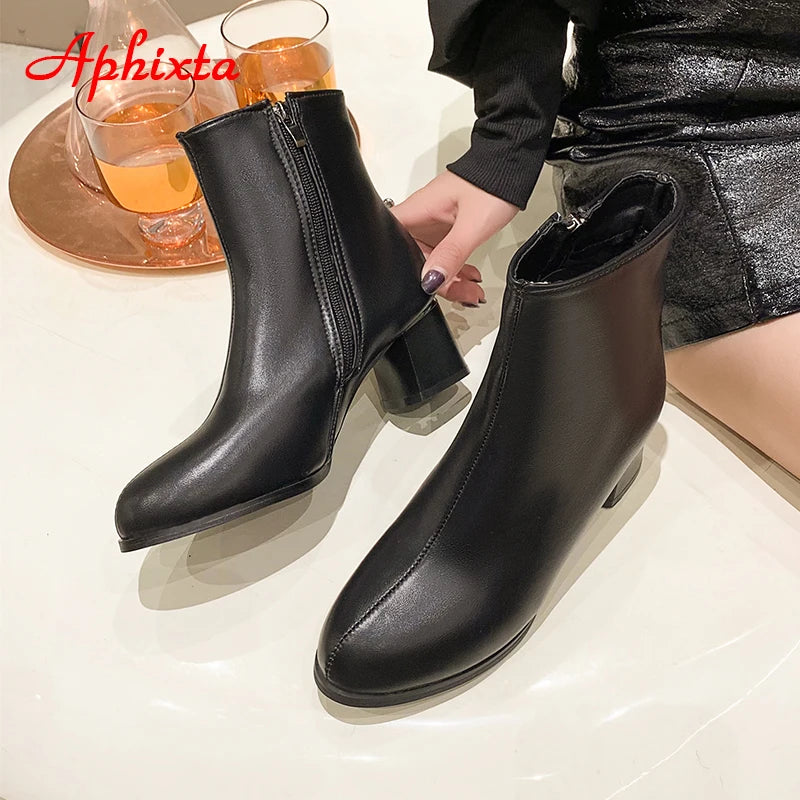 Aphixta 2023 Winter Side Zipper Shoes Women Boots 5cm Square Heel Ankle Boots Brown Botines Mujer Ladies Big Size Shoes