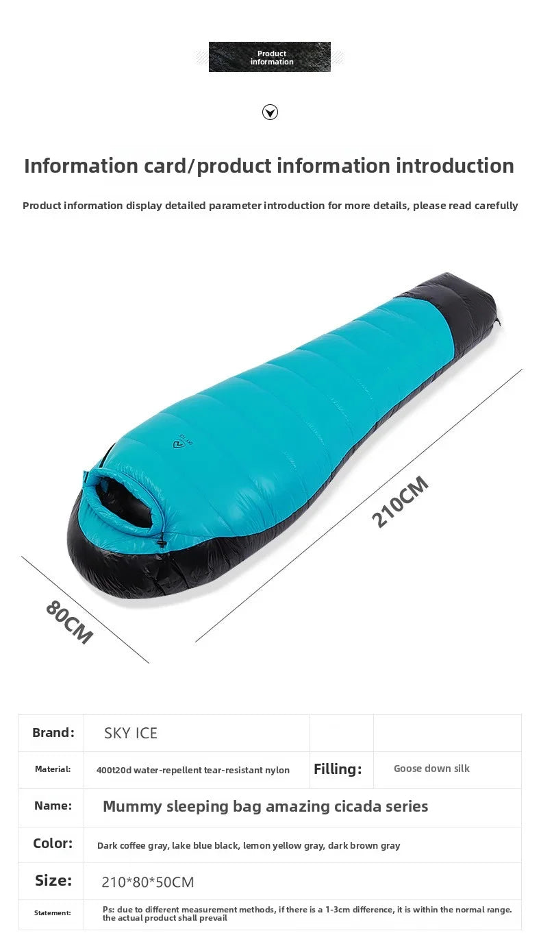 SKY ICEJingchan Mummy Down Sleeping Bag for Adults Outdoor Camping Winter Thickened Goose Down Cold-Proof Warm