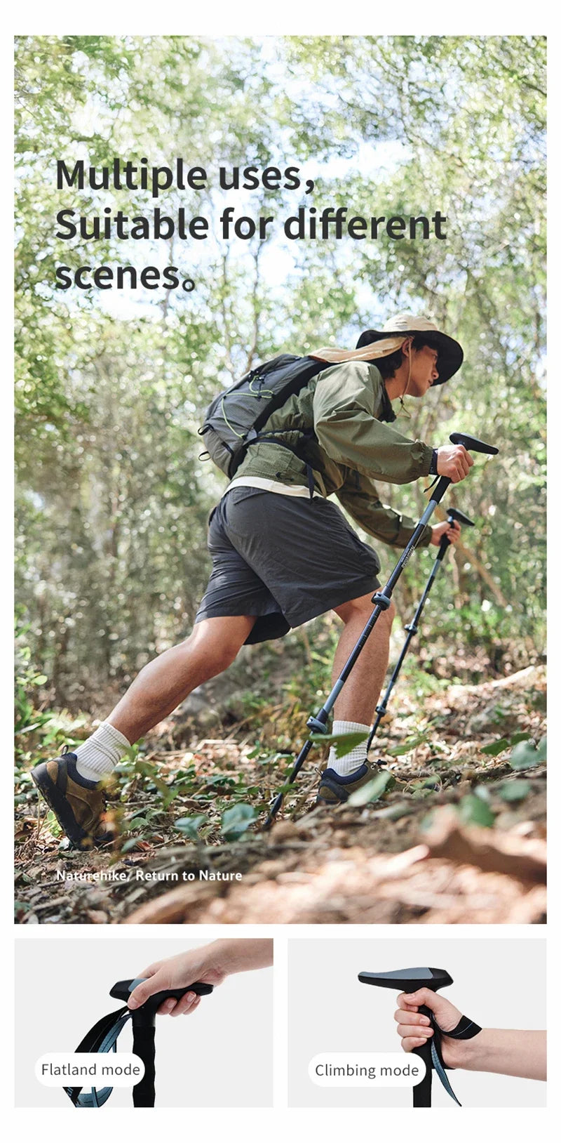 Naturehike Folding Trekking Pole Foldable Walking Stick for Walk Climbing Retractable 3 Sections Telescopic 6061 Aluminum Alloy