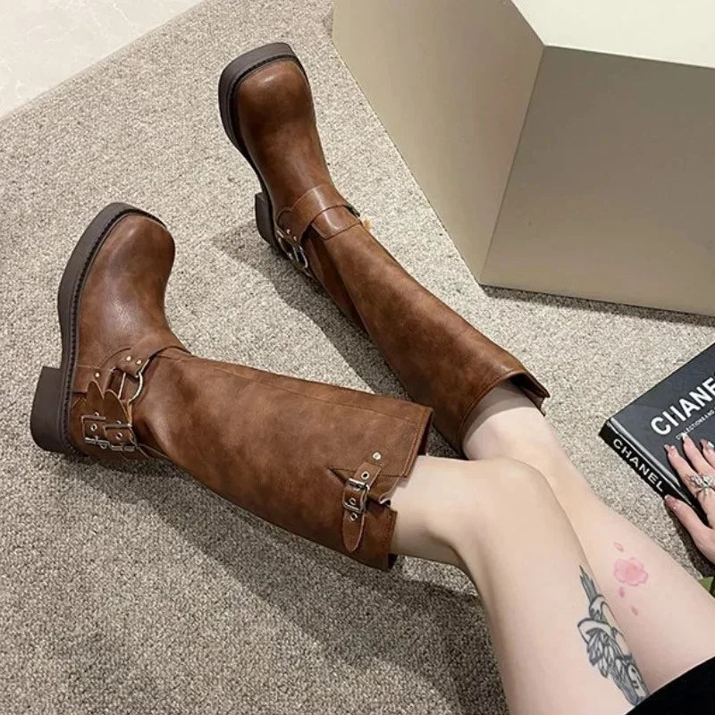WOMEN'S platform knee-high Knight casual long boots chunky vintage fashion buckle luxury designer Western cowboy woman shoes