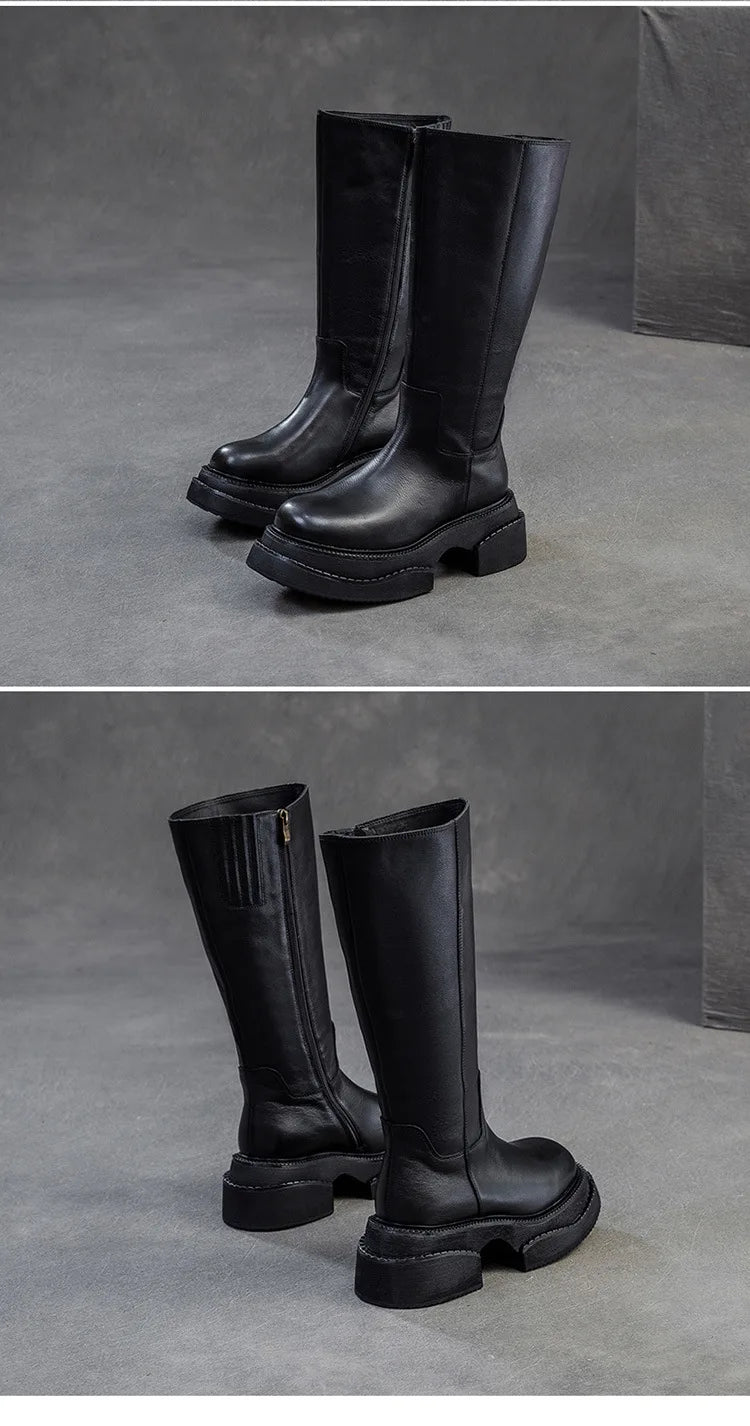 6.5cm Cow Genuine Leather Women Ankle Knee Motorcycle Booties Boots Chunky Heels Platform Wedge Shoes Chimney High ZIP Spring