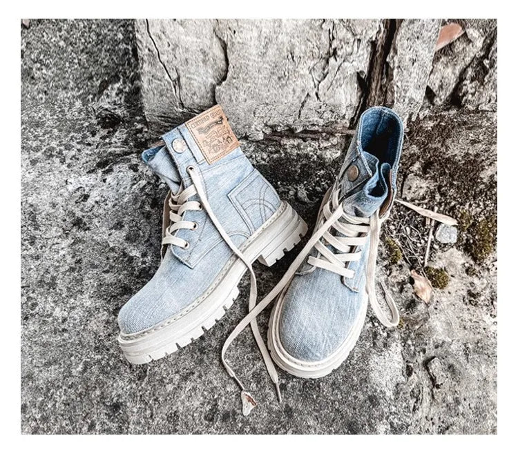 Retro Ankle Boots for Women's Lace Up Thick Sole Shoes Female Round Toe Short Boots Work Dress Western Denim Boots Shoes women