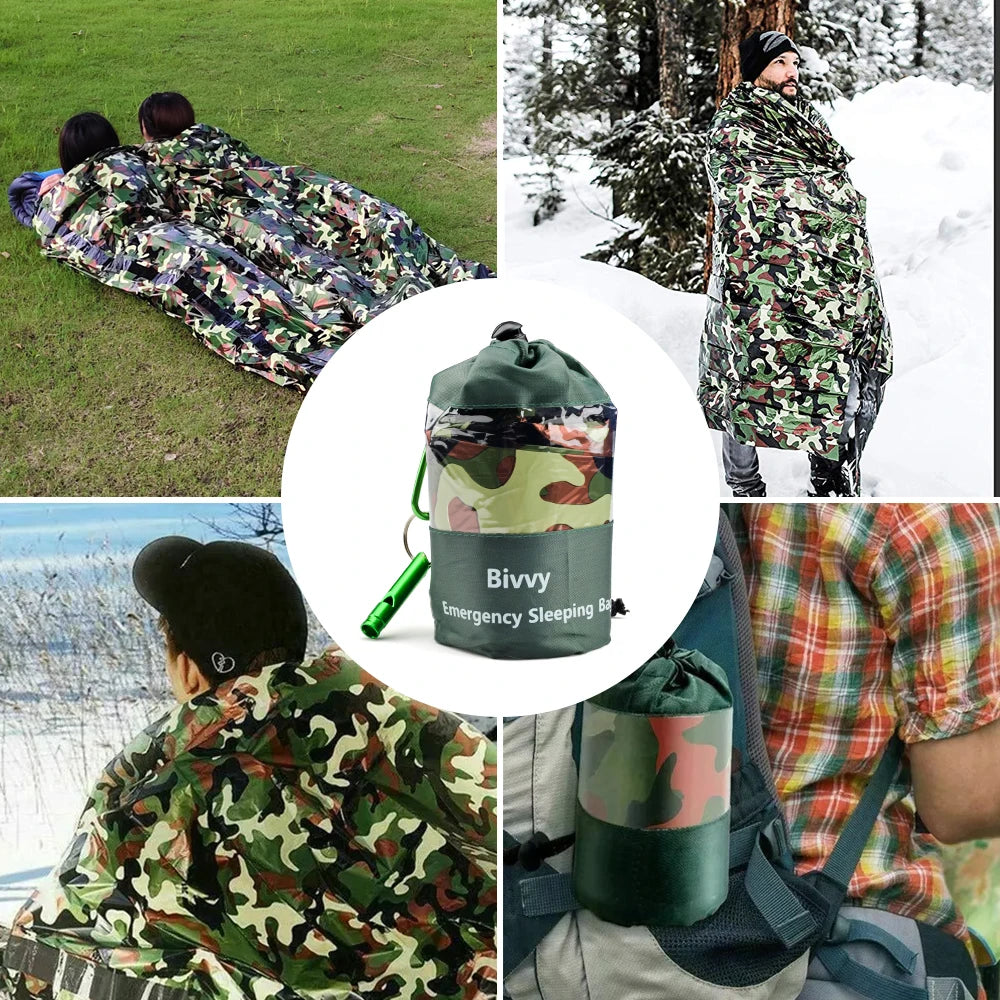 PE Emergency Sleeping Bag Camouflage Waterproof Survival Sleeping Bag 120x200cm 2 Person Outdoor Camping Bed with Storage Bag