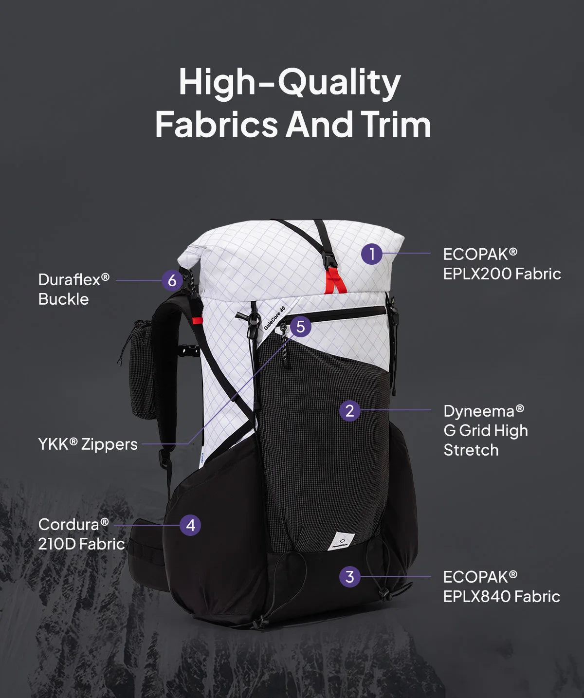 ThousWinds GaleCore 40+10L Lightweight Hiking Backpack Dyneema Trekking Pack Waterproof Bagpack