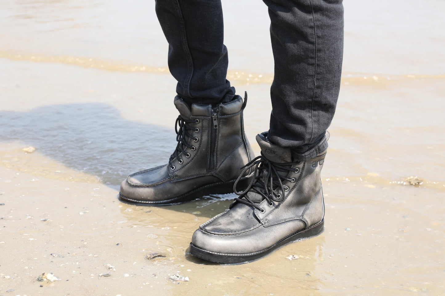 ARCX Men's Vintage Black Genuine Leather Motorcycle Racing Boots, Retro Style Riding Footwear for Men, Durable Cowhide Car Shoe