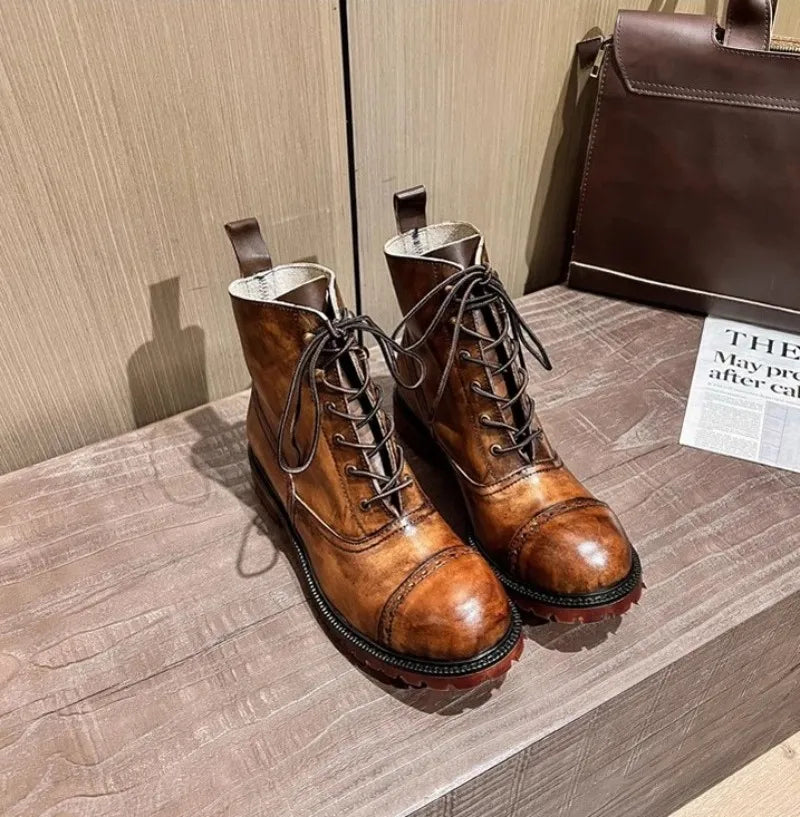 Vintage Mens Round Toe Lace Up High Top Work Safety Shoes Cowhide Genuine Leather Ankle Boots British Motorcycle Riding Boots 45