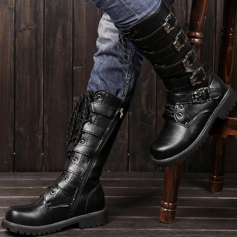 Men Winter Motorcycle Boots Mid-Calf Punk Rock Punk Shoes Mens PU Leather Black High Top Casual Boot Man Motorcycle Boots