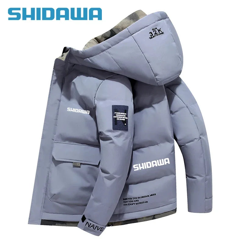 New Men suit Autumn Winter Warm Fishing Clothes Set Casual Thickened Hooded Down Cotton Jacket + Fleece Waterproof Fishing Pants