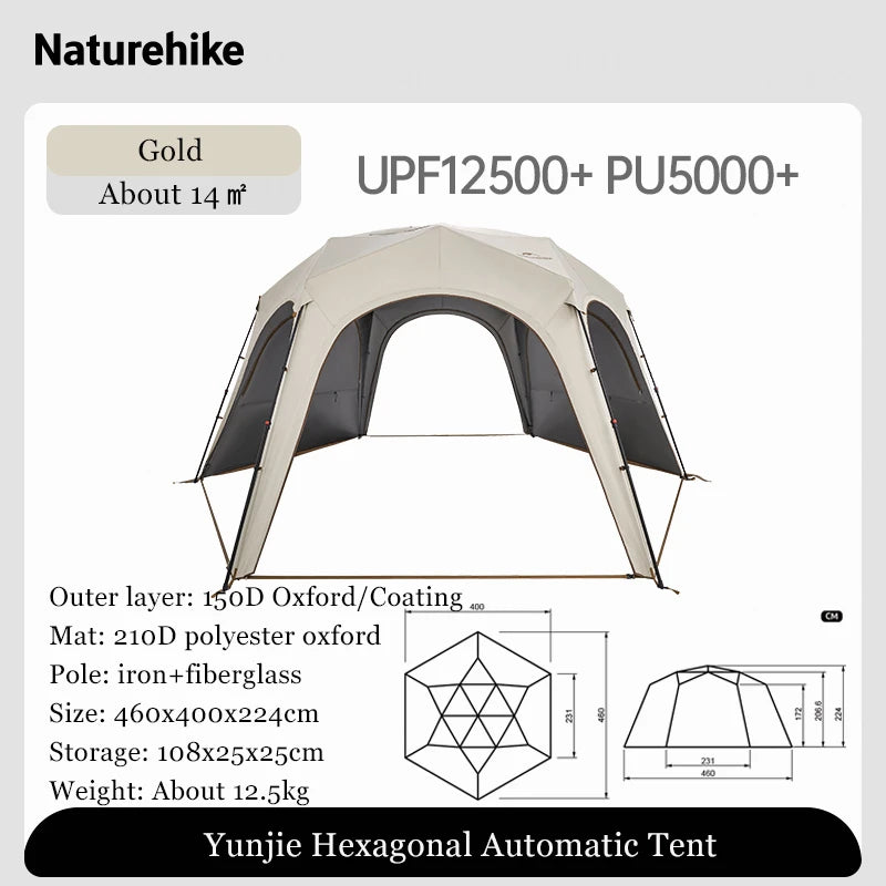 Naturehike Hexagonal Awning Tent Quick Opening Canopy Sunscreen Canopy PU5000 Sunshade Tent Outdoor Camping Travel Tarp Chimney