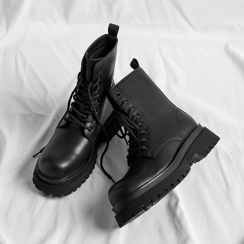 British style men luxury fashion platform boots lace-up genuine leather shoes cowboy chunky boot handsome high motorcycle botas