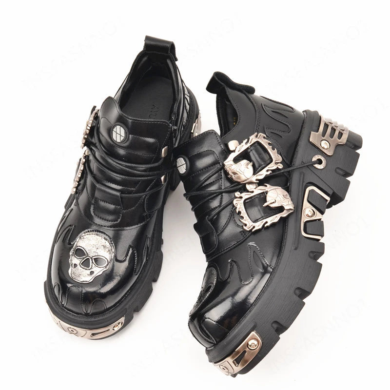 New Men's Gothic Skull Boots Black Women Shoes Designer Punk Metal Platform Walking Sneakers Skeleton Metal Buckles Ankle Boots