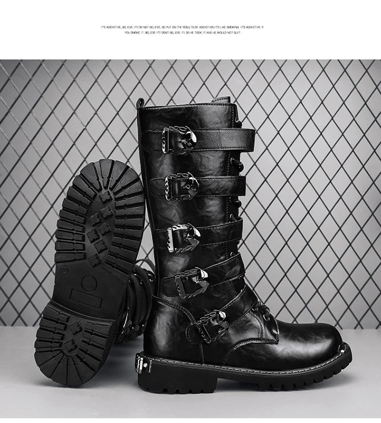 2025 High Leather Boots Men Black Boots Gothic Punk Motorcycle Boots Men Big Size 46 Comfy Platform Boots for Men Tooling Boots