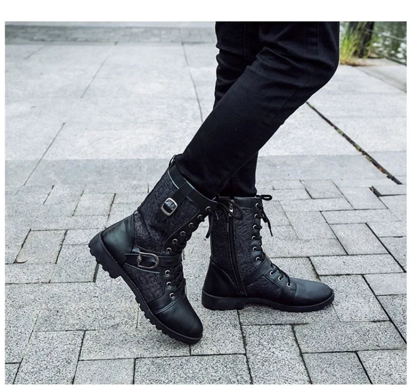 2025New Men Boots Fashion Mid-calf Boots Trend Motorcycle Boot High Top Casual Boots for Men Plush Warm Winter Boot Botas Hombre