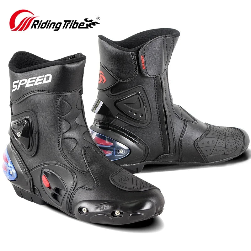 SPEED Botas Motorcycle Riding Boots for Men Rubber Sole Sport Bikes Ankle Protective Motorcycle Shoes with Zipper Closure