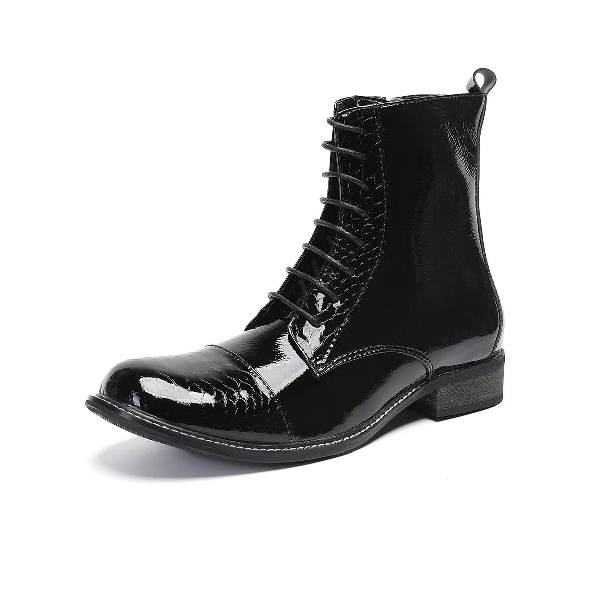 Botas Winter Male Dress Shoes Round Toe Motorcycle Short Boots Plus Size Fashion Black Lace Up Patent Leather Men Ankle Boots