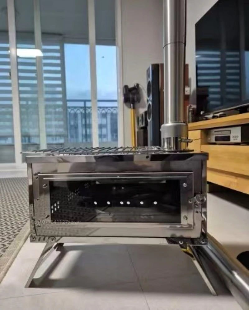 Outdoor tent camping, heat-resistant glass observation stove, portable foldable stainless steel winter heating wood stove