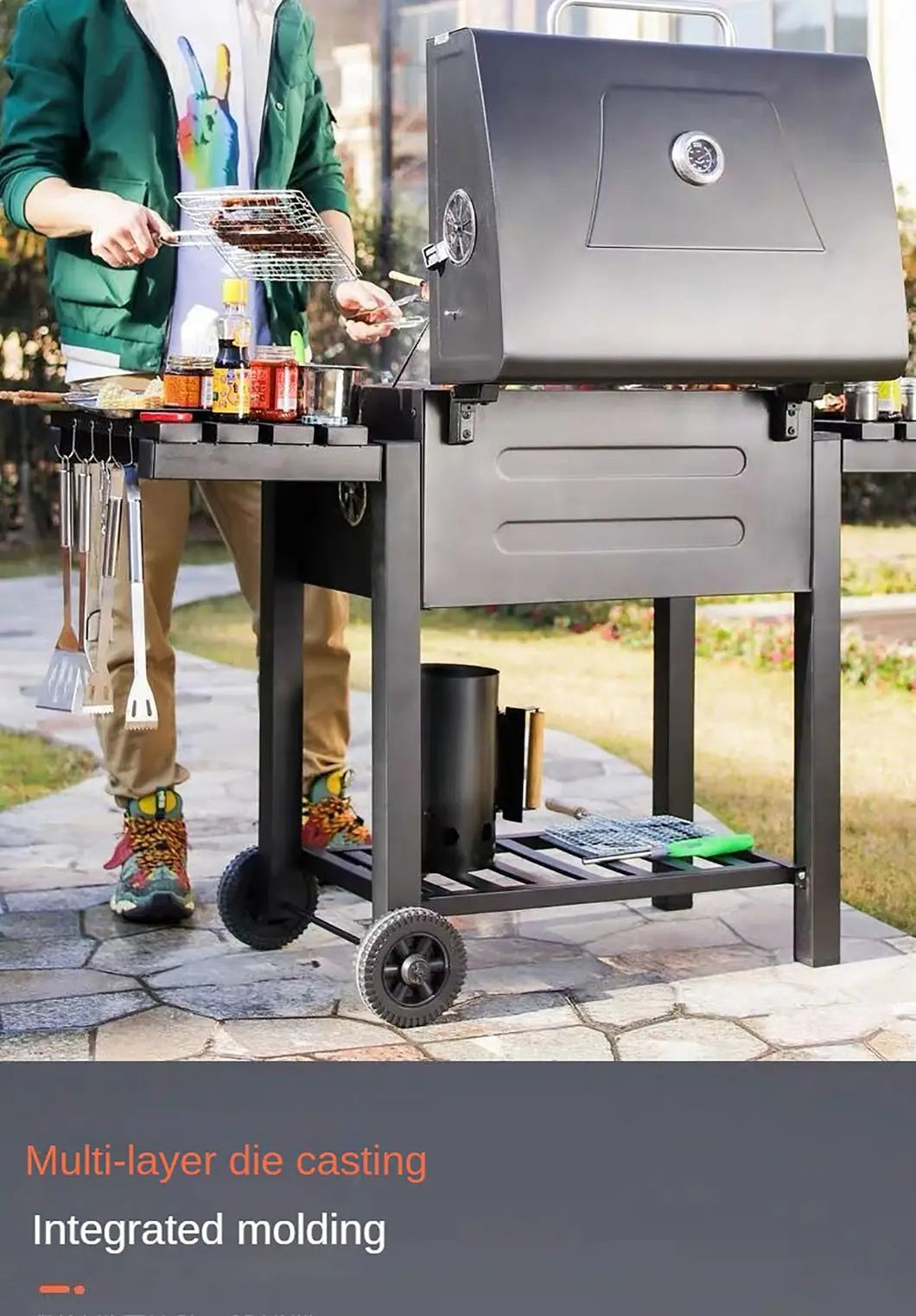 New Oil Drum Barrel Outdoor Charcoal Barbeque BBQ Grills Backyard Party Barbecue Smoker with Rotisserie Roast Chicken Rack