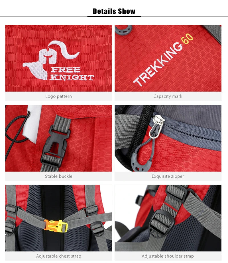 60L Camping Hiking Backpacks Men Outdoor Tourist Backpacks Nylon Sport Bag for Climbing Travelling with Rain Cover Free Knight