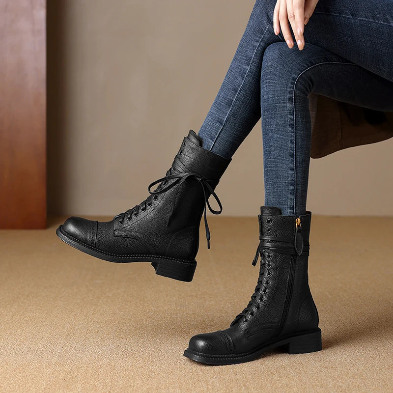 2025 New Autumn Winter Genuine Leather Women Shoes Lace-up Chelsea Women Boots Ankle Boots Chunky Boots Western Women Shoes