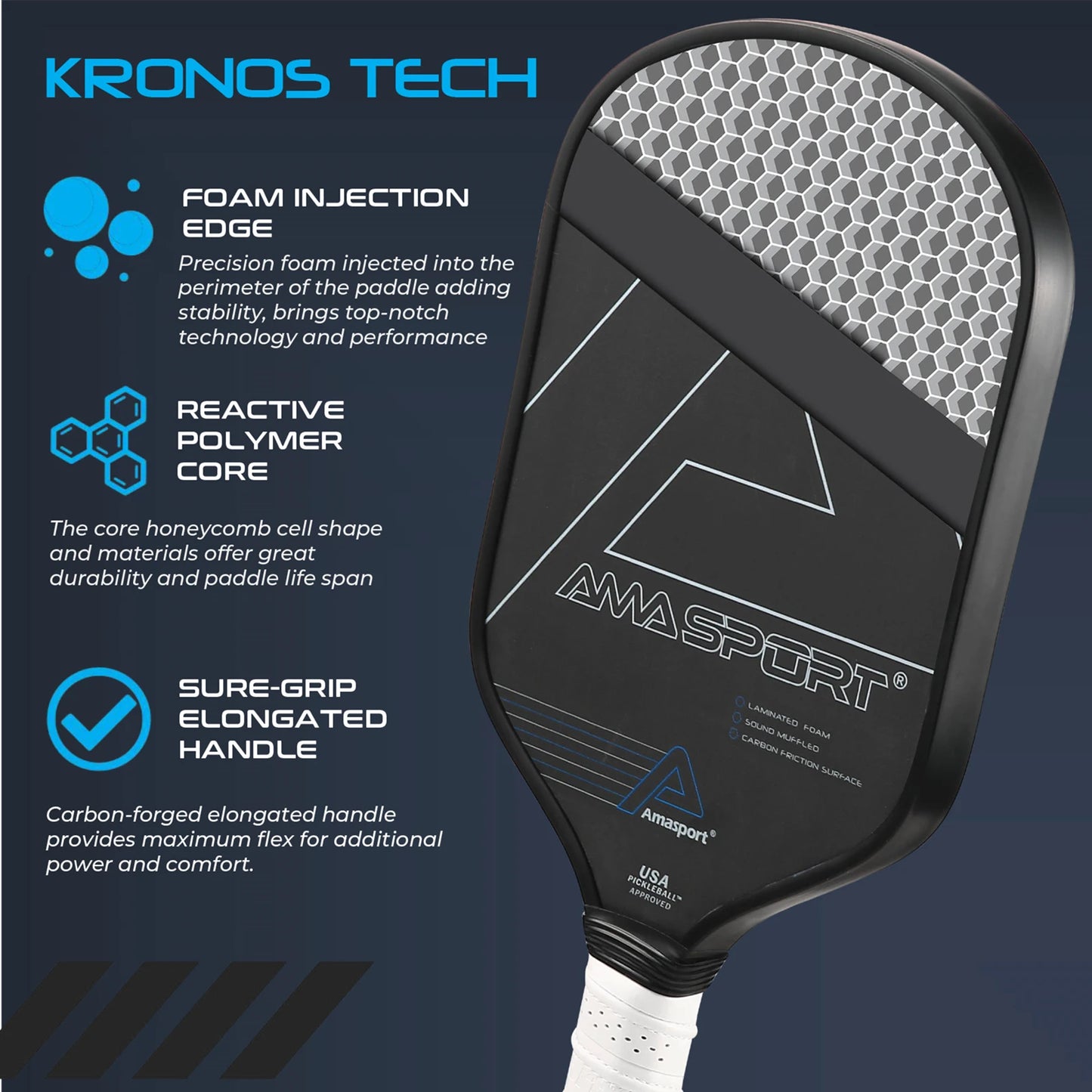 AMASPORT PA016 Pickleball Paddle Racket Carbon Fiber Surface PP Honeycomb Core Enhancing Spin and Contro for Professionals