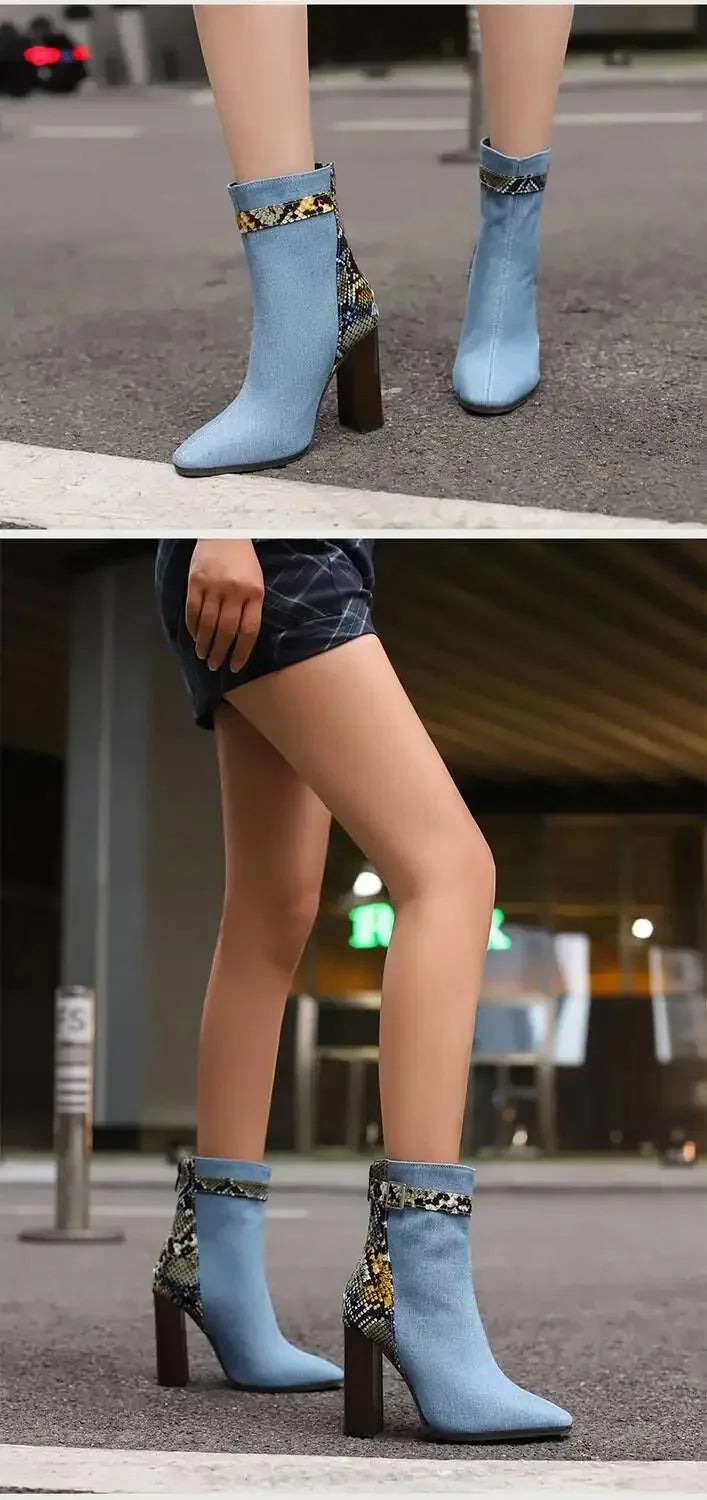 2025 Autumn New Fashion Mixed Color Lace Up Ankle Boots for Women Europe America Pointed Toe High Heel Big Size Shoes 45 46 47