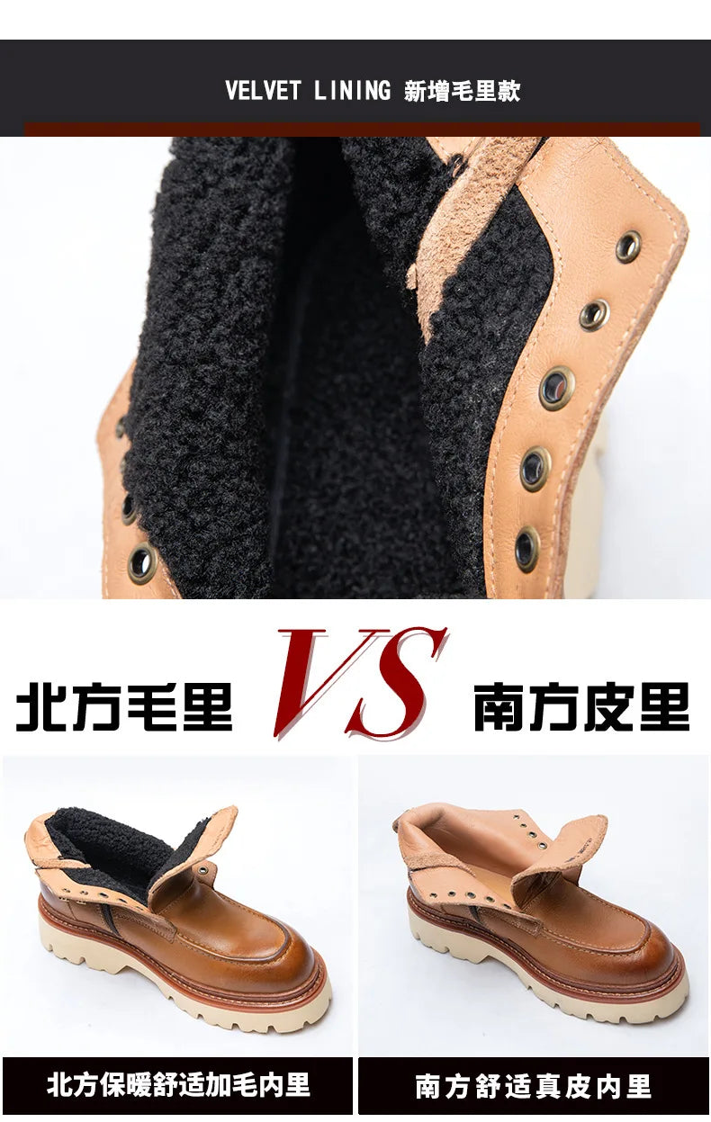 Men's Motorcycle Boots Genuine Leather High Top Motorbike Ankle Boots Thick Soled Vintage Round Toe Casual Punk Dress Shoes