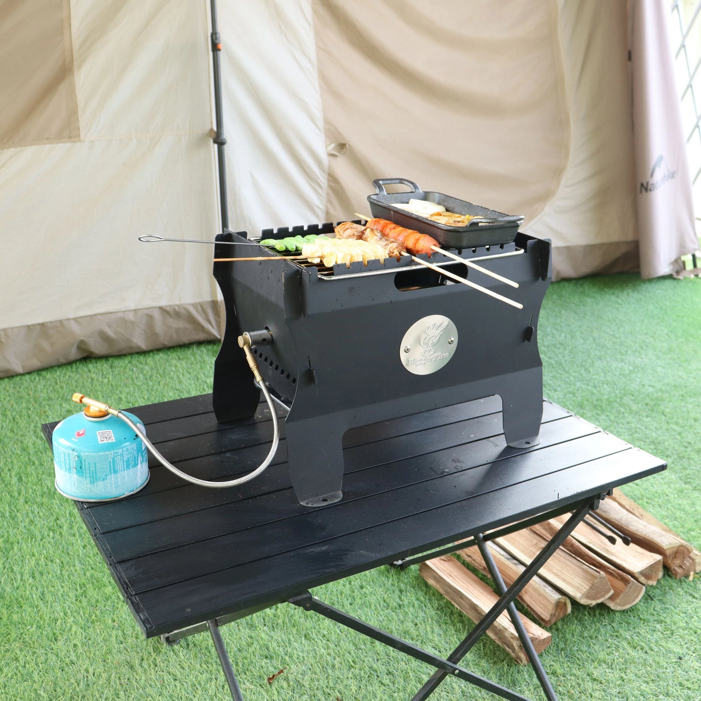 2-in-1 Charcoal Grill & Gas Grill, Small Metal Camping Grill Portable Fire Pit Table Grill with Stainless Steel Grate