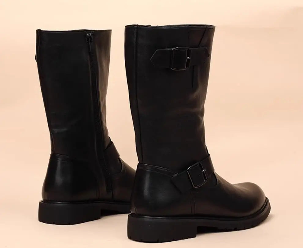 Men Fashion Leather Motorcycle Boots Mid-calf Warm Boots Black Gothic Belt Rivet Punk Rock Boots Tactical Boots 37-45