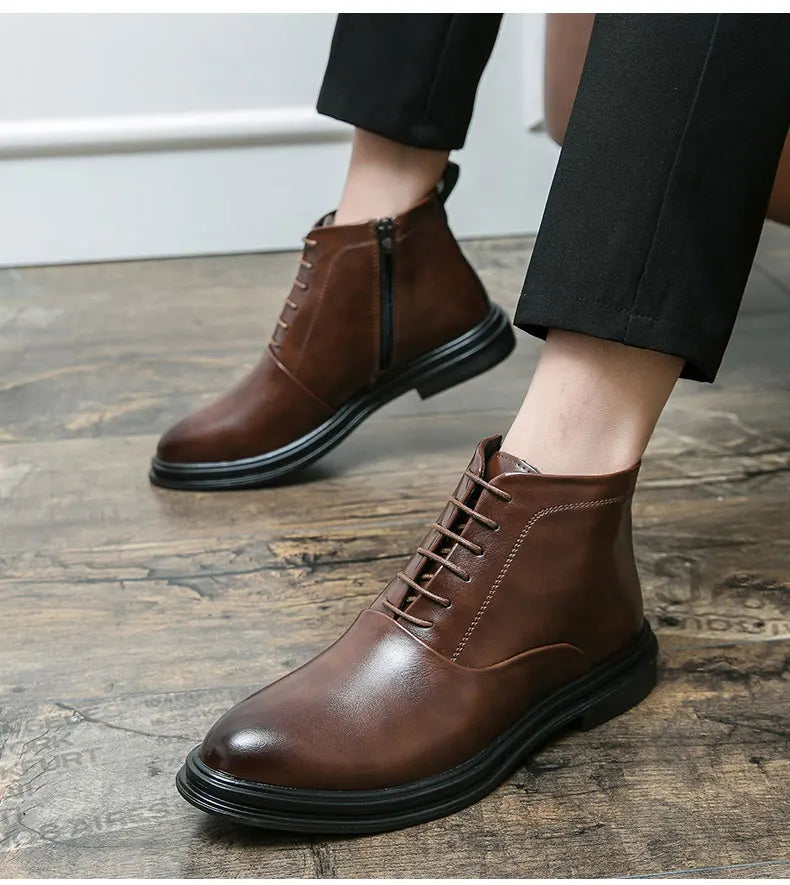 Italian Leather Men Zip Lace-Up Boots Casual Shoes Motorcycle Boots Black Winter High Quality Booties Botas Masculinas 38-46