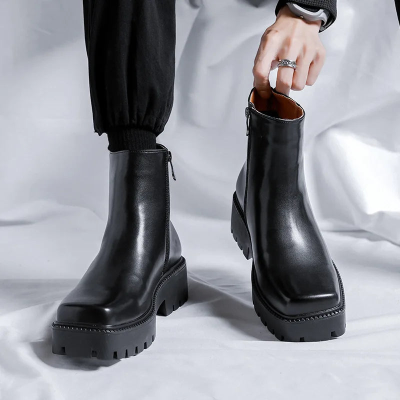 mens fashion punk rock dress high chelsea boots square toe platform shoes cowboy original leather boot handsome motorcycle botas