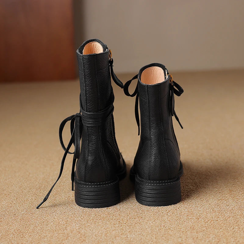 2025 New Autumn Winter Genuine Leather Women Shoes Lace-up Chelsea Women Boots Ankle Boots Chunky Boots Western Women Shoes